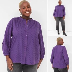 LANE BRYANT Blouse Bracelet-Sleeve Button-Front 100% Textured Cotton Crew Neck